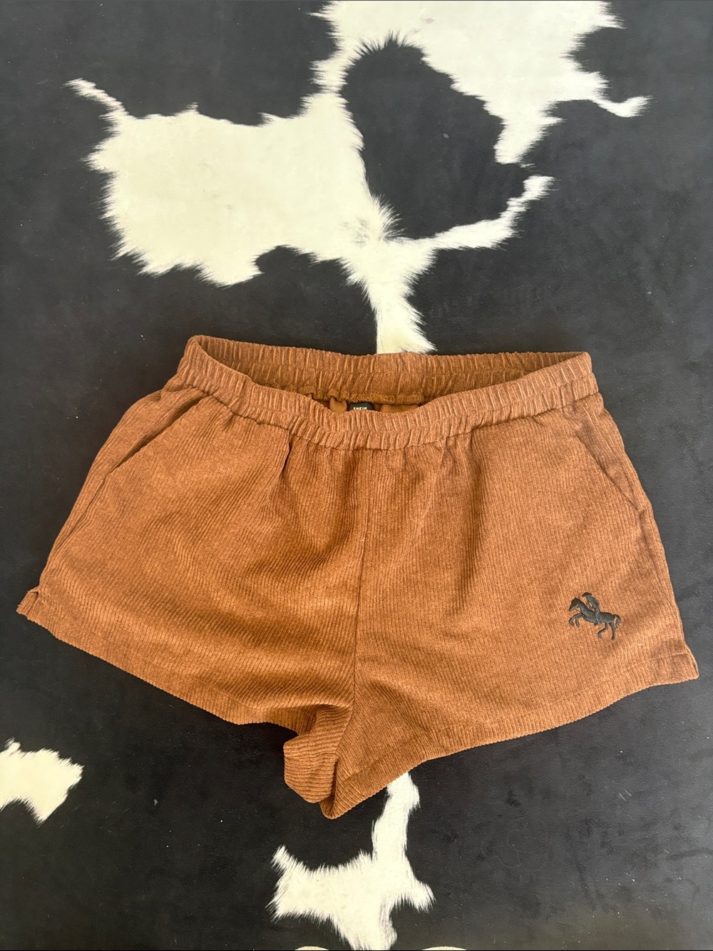 SHEIN Rust Corduroy Athletic Shorts with Horse Embroidery
